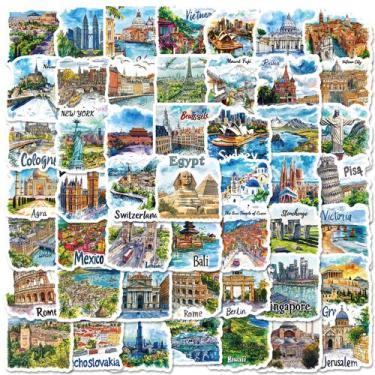 Imagem de Pacote de adesivos, mapa de viagem desenhado à mão, 50 unidades à prov