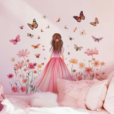 Imagem de Adesivo de parede Creative Cartoon Girl com flores e borboletas - yiwe