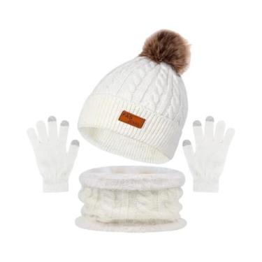 Imagem de Conjunto de Inverno Feminino: Chapéu, Cachecol e Luvas com Bola de Pel