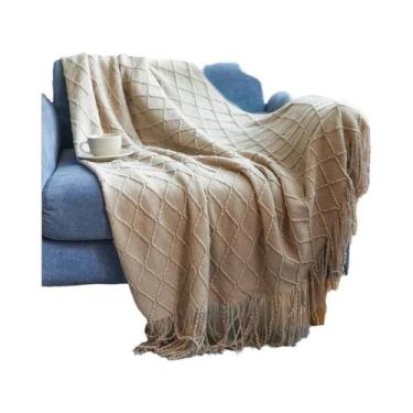 Imagem de Manta De Tricô Grossa Oversized Cáqui Com Borlas, Luxo Vintage Estilo 