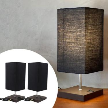 Imagem de Kit 2 Abajur Luminaria De Mesa Quadrado Marrom Com Cúpula Algodão Pret