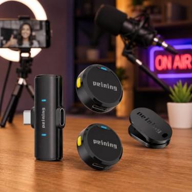 Imagem de Microfone de Lapela Sem Fio Bluetooth Kit 2 Microfonones Abafamento de Ruído Até 10 Horas Tempo de Trabalho Compatível com Camera, iPhone, Android, PC - Conexão Android e USB-C - Linha Peining Premium