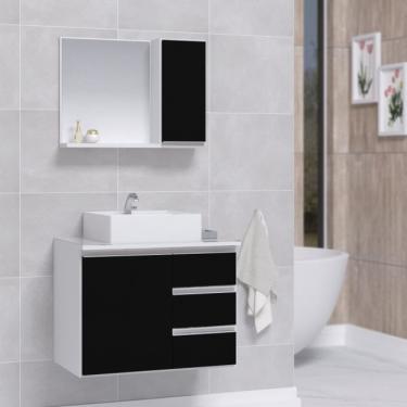 Imagem de Título: Conjunto Gabinete Banheiro Completo Prisma 60cm - Branco/Preto