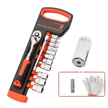 Imagem de HIOD Conjunto de chaves catraca 1/4 pol. Drive universal soquete conjunto conjunto de ferramentas de manutenção de reparo, soquete universal 14 peças