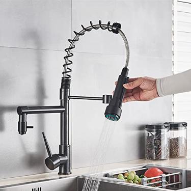 Imagem de Torneira de cozinha de primavera puxe pulverizador lateral bico duplo alça única torneira misturadora torneira 360 rotação torneiras de cozinha, orb jian bai, china