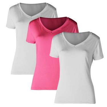 Imagem de Kit 3 Camiseta Proteção Solar Gola V Feminina Manga Curta Uv50+ 2 Bran