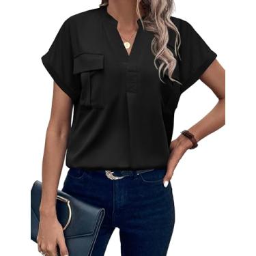 Imagem de Blusas femininas elegantes casuais com gola V e manga curta para trabalho de verão blusa de chiffon cor sólida, Preto, P