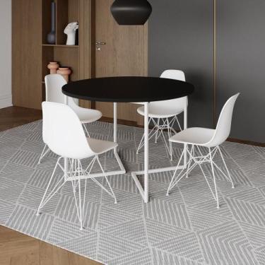 Imagem de Mesa Industrial Jantar Redonda Preta 110cm Base V com 4 Cadeiras Eames
