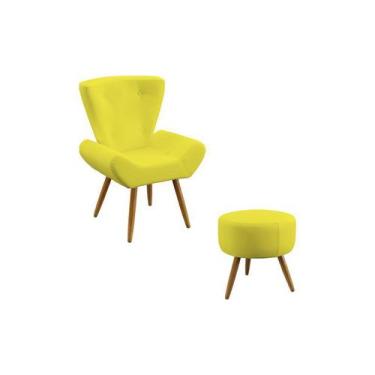 Imagem de Kit Poltrona Decorativa Estofada Polaris e Puff Solar Sued Amarelo Ara
