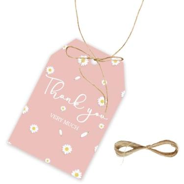 Imagem de 50 etiquetas de agradecimento margarida, etiqueta de presente de flor com cordão para festa de casamento, etiquetas de papel de agradecimento florais para lembrancinhas de festa temáticas de