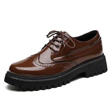 Imagem de IUY Sapatos Oxford vintage femininos plataforma com cadarço bico redondo couro envernizado brogues casuais oxford para meninas senhoras mulheres, Marrom, 10