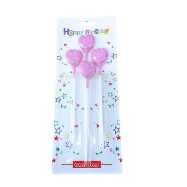 Imagem de Kit Com 4 Velas de Aniversário Formado Coração com Glitter - NoBrand, 