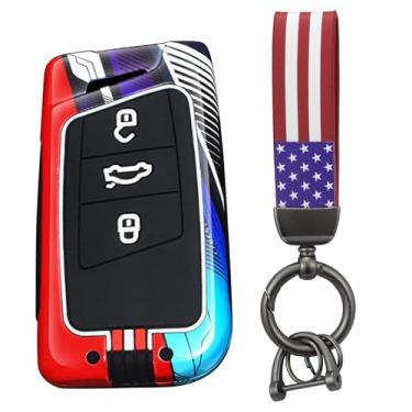 Imagem de HIBEYO Capa de chaveiro de 3 botões compatível com VW Volkswagen Passat Tiguan Skoda CC B8 MK2 B7 Superb A7 Magotan Acessórios modernos de metal pintado com chaveiros da bandeira dos EUA - 3 botões
