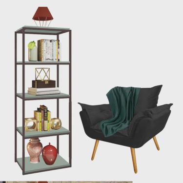 Imagem de Kit Poltrona Fatte com Manta Soft Verde e Estante Livreiro Ferro Marrom mdf Verde Oliva Suede Preto - Ahz Móveis
