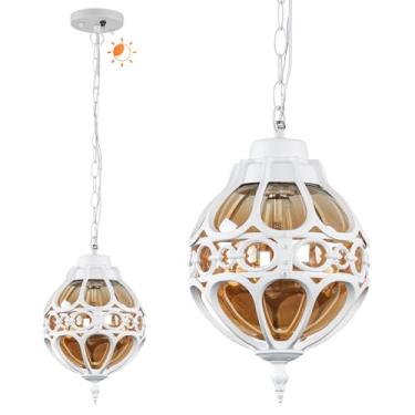 Imagem de Flybling Luminárias Pendentes Para Áreas Externas, Estilo Globo, Anoitecer Ao Amanhecer, Vintage Externas Com Corrente Ajustável, Lustre Branco De Alumínio Varanda, Gazebo, Sensor, Grande