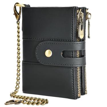 Imagem de Carteira masculina de couro genuíno macia e dobrável com zíper e corrente, Preto, Small