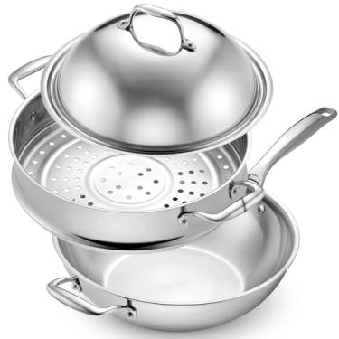 Imagem de LEGEND COOKWARE Conjunto de 3 peças Wok de aço inoxidável | Wok de 5 camadas, indução, não tóxico, seguro para forno | Melhor acabamento completo 18/8 | Cozinha profissional, qualidade de chef pesado