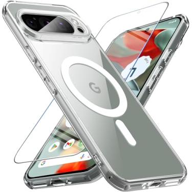Imagem de Capa para Google Pixel 9 Pro XL com protetor de tela, capa fina para celular Pixel 9 Pro XL com magsafe transparente, antiamarelamento de 3 m, militar, à prova de quedas, com biséis levantados para