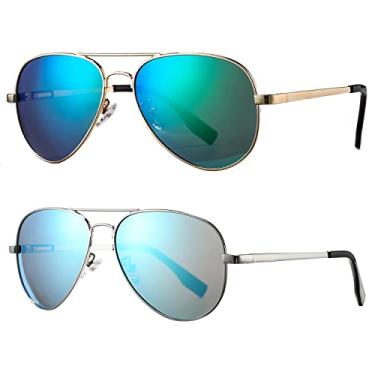 Imagem de HJSTES Óculos de sol aviador infantis polarizados para meninas, meninos, óculos clássicos juvenis, lentes de proteção UV400, 52 mm, Pacote com 2 (espelhado dourado/verde + espelhado prateado/azul