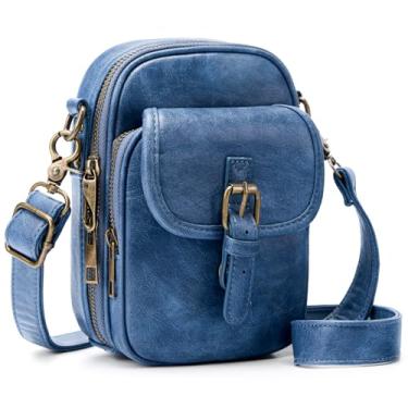 Imagem de Pequena bolsa transversal para celular feminina vintage mini bolsa transversal com compartimentos para cartões, bolsa carteira de telefone de couro vegano, Jeans azul, 5.12" x 7.48" x 2.36"