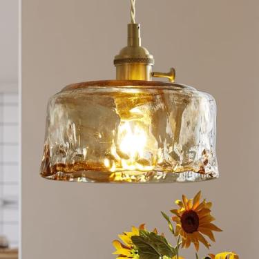 Imagem de JC TOPA Luzes pendentes de vidro, ilha de cozinha, regulável, mini pingente de iluminação âmbar abajur de vidro para cabeceira, sala de jantar, hall de entrada, latão