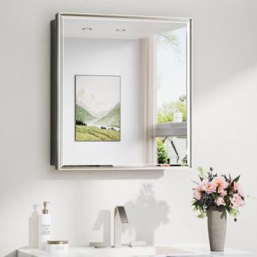 Imagem de TokeShimi Armário de remédios com espelho chanfrado 61 x 66 cm, armário de remédios de níquel escovado com moldura de alumínio, espelhado, espelho de banheiro com armazenamento ajustável e dobradiça