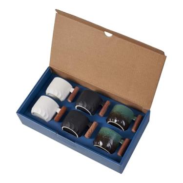 Imagem de BlogBlog Copos de café expresso de cerâmica com cabo de madeira, xícaras de café expresso, xícaras de chá de cerâmica, xícaras de porcelana para café ou chá, 60 ml (preto-verde-branco, 6)