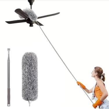 Imagem de Espanador de Pó Extensível 2,80 Metros Microfibra Cabo de Aço Inoxidável Ajustável Haste Flexível Retrátil Limpeza de Áreas Altas e Locais Difíceis Limpador de Tetos Armários Ventiladores Persianas