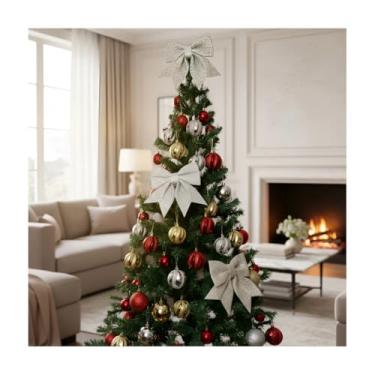 Imagem de Árvore Decorada 1,50m 300 Galhos Flor Laço Bola De Natal Completa Luxuosa Pinheiro Verde Ártificial Cedros Enfeites Natalino Cheia Decoração Festa Ornamentos