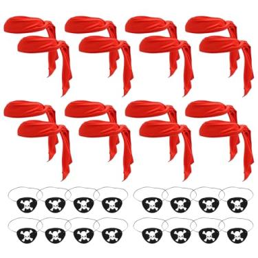 Imagem de SYOWADA Conjunto de 32 bandanas de pirata, 16 bandanas vermelhas de cabeça de pirata, 16 adesivos para olhos, acessórios de fantasia para brincadeiras de festa de Halloween