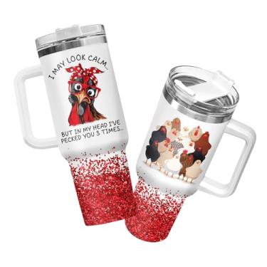 Imagem de 34HD Copo Crazy Chicken Lady com alça e canudo, Caneca de café Mama Hen de 1,134 g com tampa, presentes engraçados de frango para meninas e mulheres no aniversário, dia das mães, Natal
