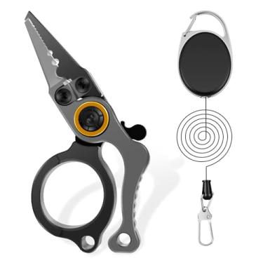 Imagem de Tcwhniev Mini alicate de pesca com retrator Zinger para pesca com mosca, alicate portátil de liga de alumínio, ferramenta de remoção de anzol para pescadores, alicate de anel dividido para água