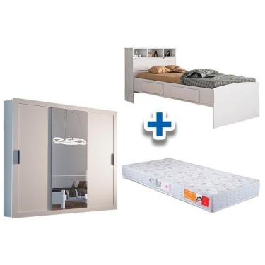 Imagem de Cama Solteiro Ravena + Colchão Orthocrin + Guarda Roupa Veneza Luxo Branco