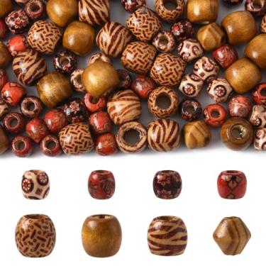 Imagem de MakemadeDIY 161 peças de contas de barril de madeira natural cores mistas tijolo de bicone redondo peru contas espaçadoras de furo grande de madeira para pulseiras, joias, colares, chaveiros