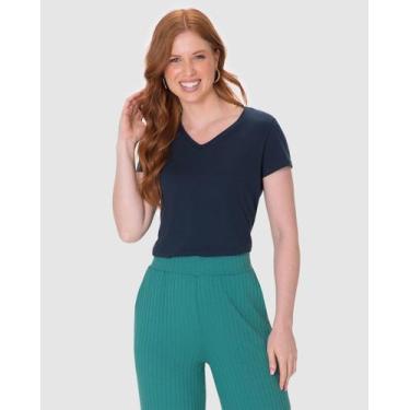 Imagem de Blusa Básica Feminina Decote V Em Algodão - Malwee, Azul marinho, XGG