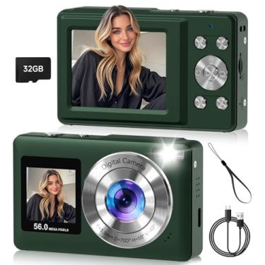 Imagem de Câmera digital, tela dupla de 56 MP com foco automático, captura de sorriso, antirvibração, zoom de 16x, cartão SD de 32 GB, presente Digicam para meninos, meninas e adolescentes