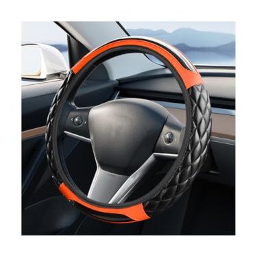Imagem de FALVFUN Capa de volante de carro, protetor de volante antiderrapante de couro de fibra de carbono elástico de 38 cm, acessórios de proteção interna automotiva, universal para veículos (laranja)