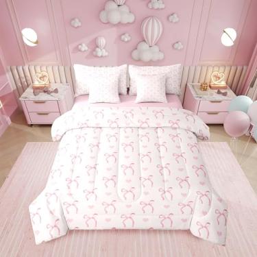 Imagem de Erosebridal Conjunto de edredom completo com laço rosa, corações de amor, rosa, 7 peças, com laço, kawaii, para quarto, princesa, sonhador, com edredom, decoração de quarto de meninas e adolescentes