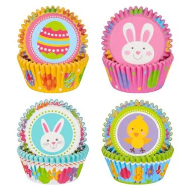 Imagem de SKIDEC Pacote com 100 forros de cupcake padrão, copos de papel colorido, padrão de Páscoa, embalagens de cupcake descartáveis de grau alimentício, forros de muffin para decoração de bolos de festa