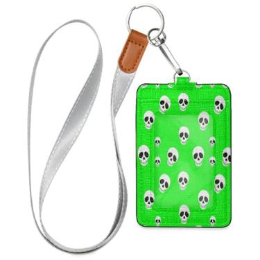 Imagem de Wassud Skulls Porta-crachá de couro PU verde vibrante com cordão, porta-cartão de identificação para trabalho, cordão de pescoço com compartimentos para cartões de crédito, funcionários, estudantes