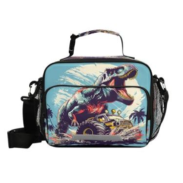 Imagem de CEBUGI Lancheira térmica de desenho animado de dinossauro e caminhão, à prova d'água, à prova de vazamento, lancheira com alça de ombro ajustável, lancheira para meninos e meninas, escritório