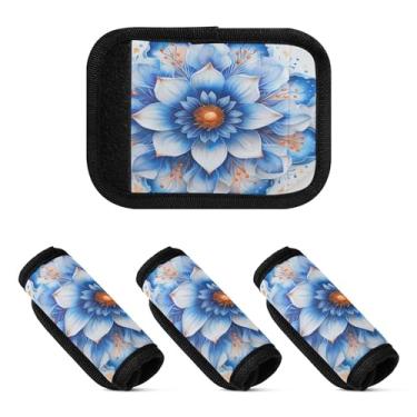 Imagem de Qilmy Pacote com 4 identificadores de bagagem de flor mandala azul e alça confortável para carrinho de bebê, mala de viagem, acessórios de viagem de avião1659