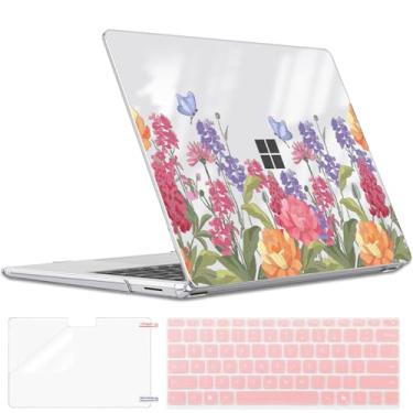 Imagem de LCMOCICO Capa para laptop Microsoft Surface de 13,8 polegadas 7ª edição Copilot+ PC 2024 modelo 2036, capa rígida de plástico leve e resistente a arranhões, capa para teclado, flores rosa e roxas