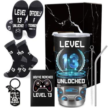 Imagem de INCOK Conjunto de 4 peças de presentes de aniversário de 13 anos, ideias legais de presente de aniversário para meninos filho neto sobrinho irmão de mãe pai, presente para jogadores com copo de 590 ml