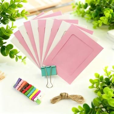 Imagem de Molduras para pendurar para fotos, pacote com 10 - porta-retratos de papel rosa e branco blush de 10 x 15 cm com clipes e cordão | Exibição decorativa de parede para formatura, aniversário, chá de