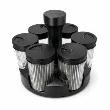 Imagem de Porta Temperos Giratório 360° com 6 Potes de Vidro, Tampa Metálica Preta, Base Giratória, Organizador de Cozinha