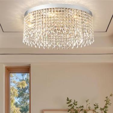 Imagem de Axamate Lustre De Cristal Moderno 20 Polegadas Redondo Gota De Chuva Lustres De Cristal Lustre De Montagem Embutida Cromado Prata Luminária De Teto Para Sala De Estar Sala De Jantar Quarto