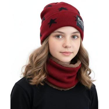 Imagem de Kit Infantil 8-14 Anos Touca Gorro Cachecol Beanie Forrada Lã Inverno 