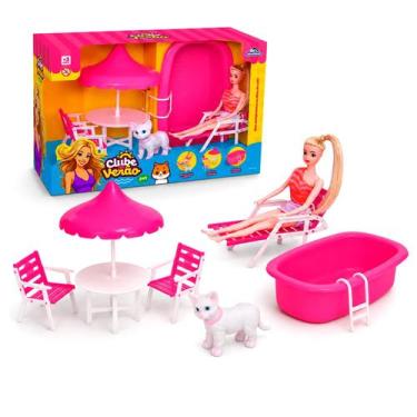 Imagem de Brinquedo Boneca Praia Pet Piscina Guarda-Sol Espreguiçadeira Faz De C