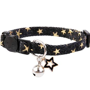 Imagem de Coleira de gato cravejada com pingente de estrela com sino, coleiras pretas para cães pequenos